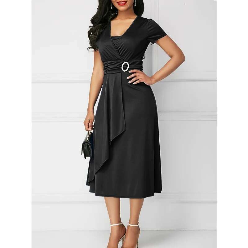 Dongdumaoyi Midi Jurk Met Gesneden Taille En V Hals Elegante Asymmetrische Korte Mouwen Ruches Voor Feest Dameskleding WD