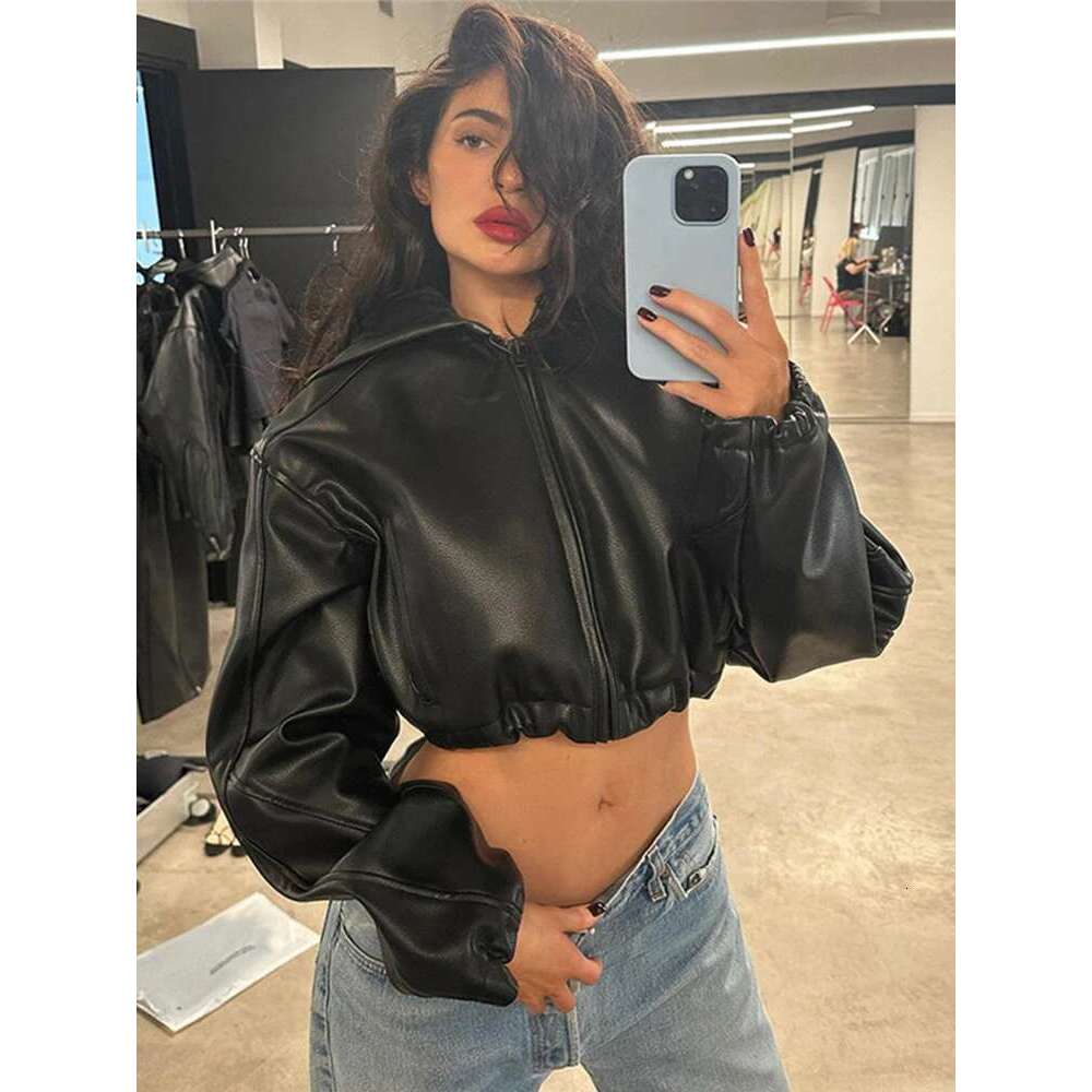 Women's Coat Women's Pu Leather Crop Hoodie Jackets Street Long Sleeve Zipper Black Outerwears Autumn New Fashion Bomber Jacket Coats