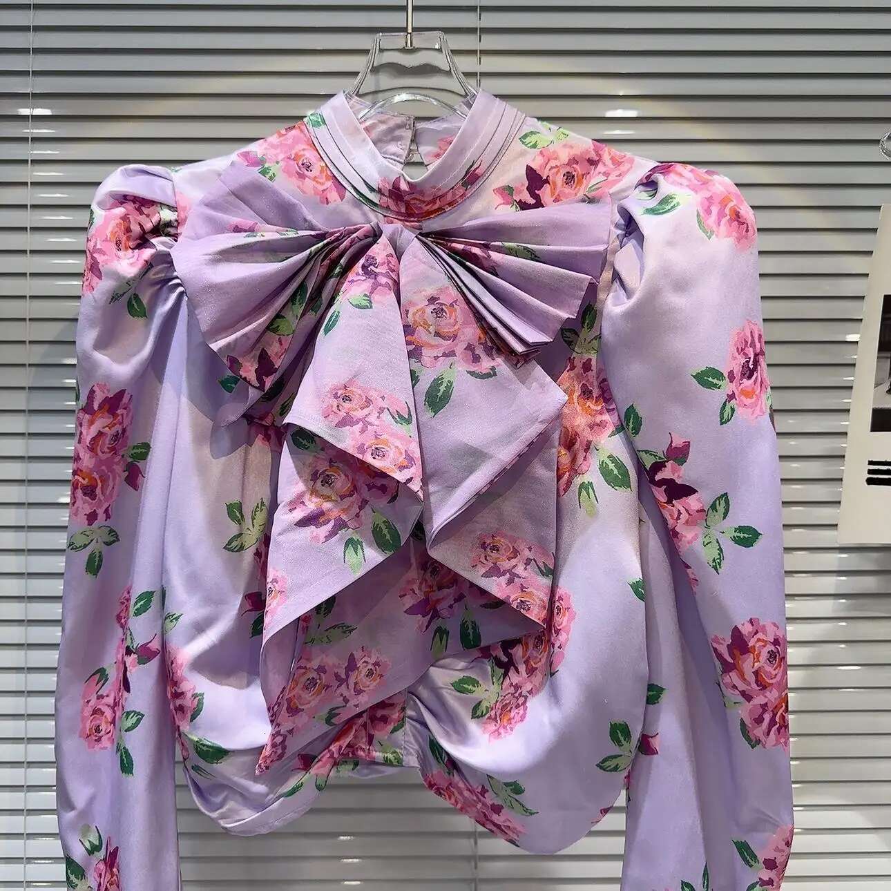 hoodie Autumn New Arrival Fluffy Sleeve Bow Ruffled Collar Purple Ral Print Blouse Women jacket