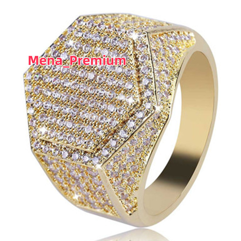 Mens Iced Out CZ Hexagon Bling Pinky Ring 18k Gold Plated Hip Hop Ring for Men