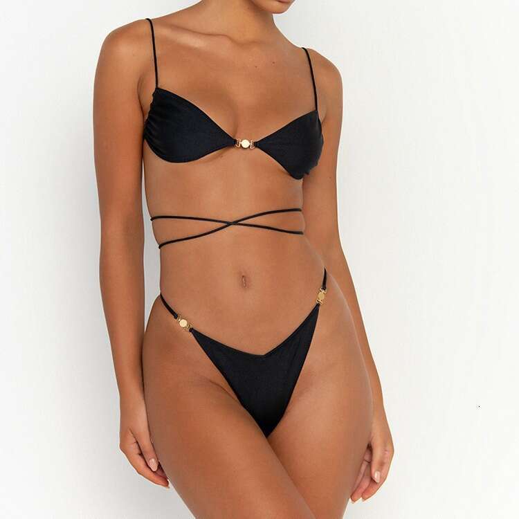 Shiny Swimsuit String Bikinis Bandage Swimwear Women 2025 New Pleated Bathing Suit Sexy Biquini Solid Color Beachwear Summer