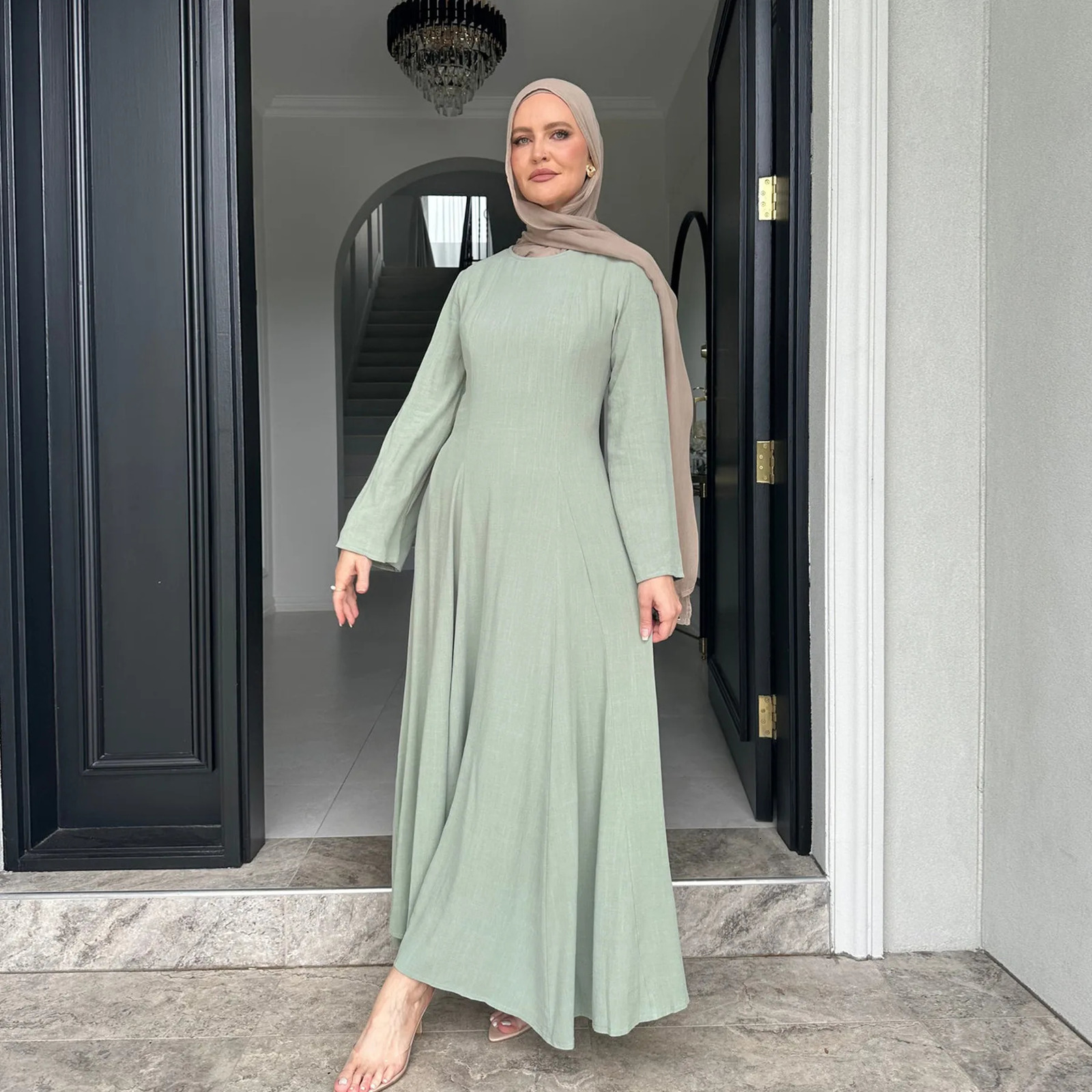 Muslim Womens Wear Dubai Abaya Solid Strap Adjustment Dress Islamic Modest Clothing 250326