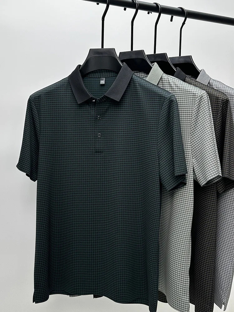 High quality short sleeved mens polo shirt for summer fashion youthful style checkered highend n breathable ice silk Tshirt 250327