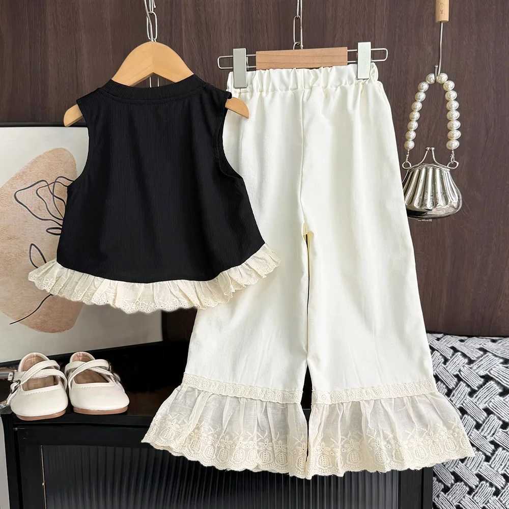 Bear collar Korean casual childrens set with bow decoration black sleeveless vest+pants two-piece set lace patchwork girls clothingT250327