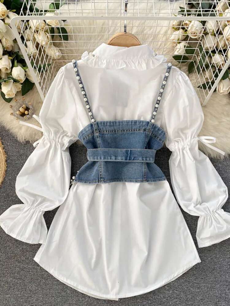 hoodie Spring Autumn New Blouse Women's Dia Beaded Puff Sleeve Blusa Top Tassel Pearl Sg Waistcoat Two-Piece Stacking Shirt C813 jacket