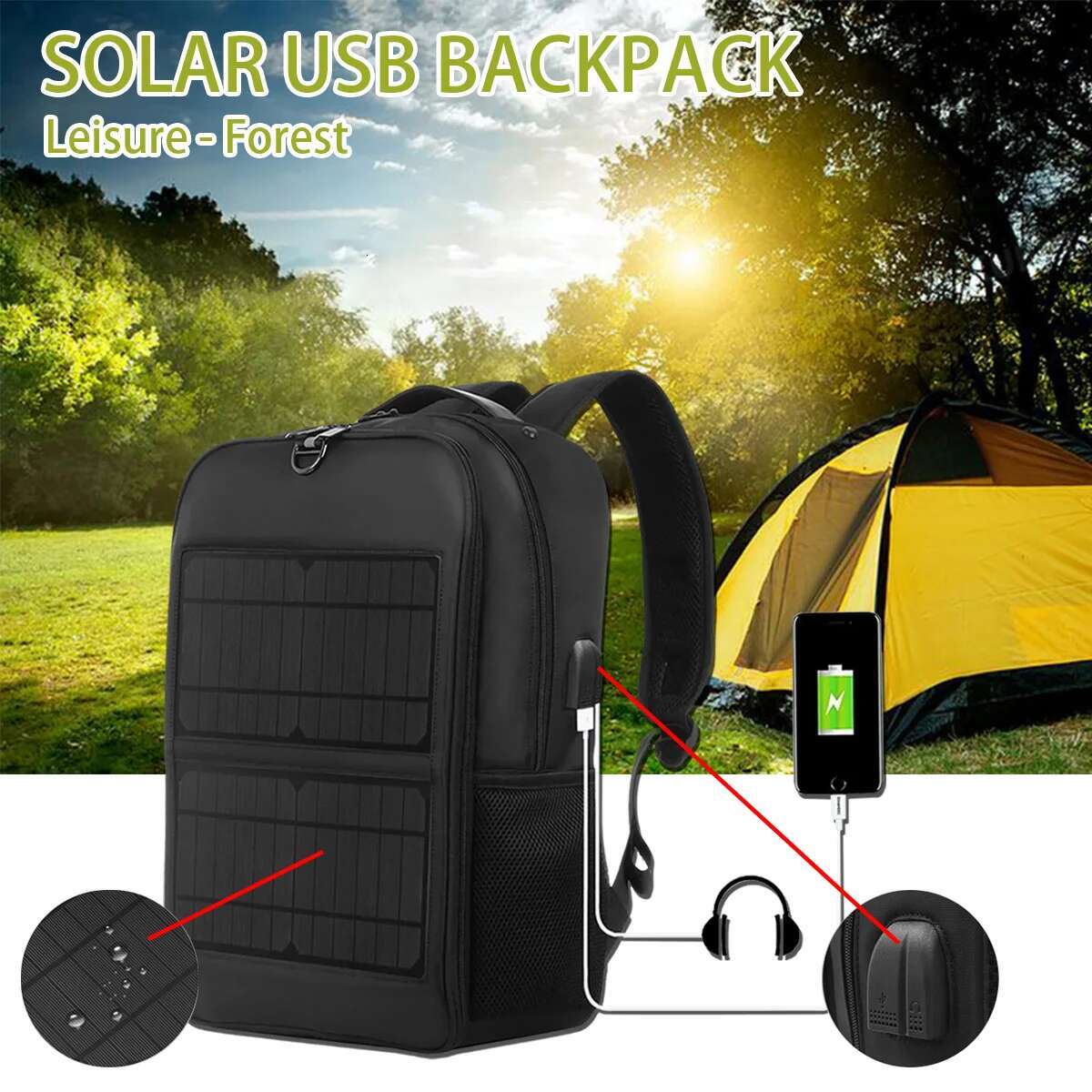 12/20W Solar Backpack Panel Powered Laptop Waterproof Large Capacity External USB Charging Port New Men's Bag