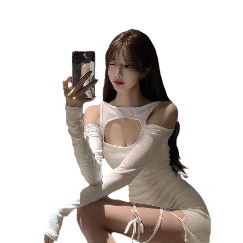 Dongdumaoyi Off Shoulder Bodycon Sexy Mode Uitgeholde Slim Fit Effen Kleur Slip Damesjurk