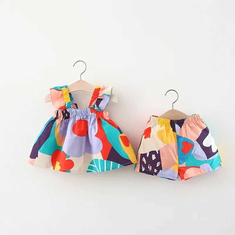Summer baby girl clothing set hanging top color matching floral vest+childrens casual pants childrens clothing setT250327