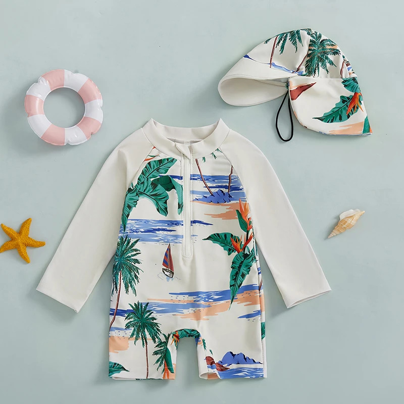 0-5Years Kids Boy Rash Guard Swimsuits Shark Print Long Sleeve Half Zip-up Bathing Suit with Sun Hat 2 Pcs Swimwear for Toddler 250326