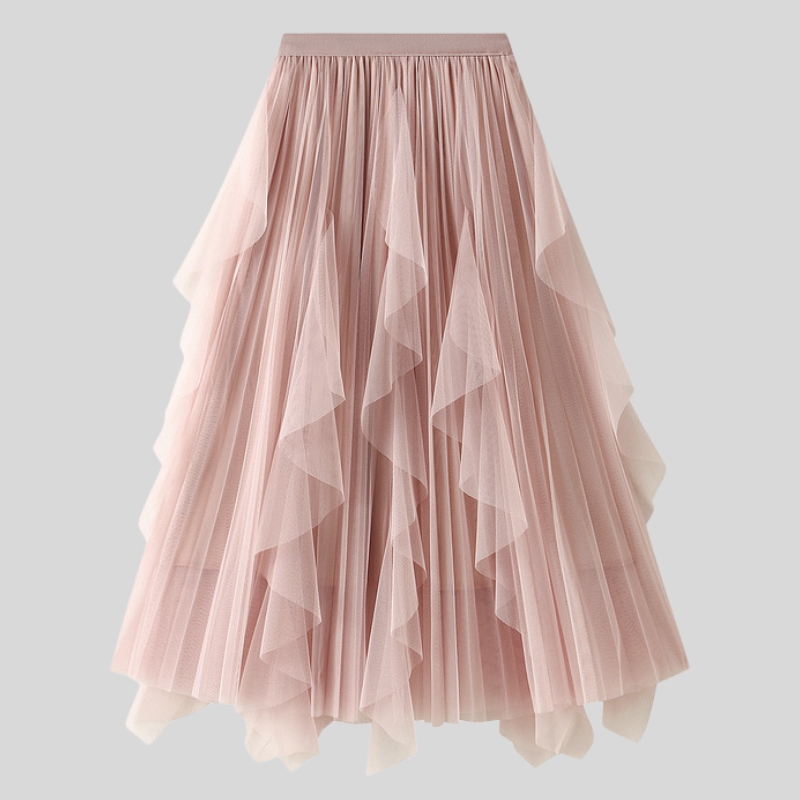 Spring new high-waisted lotus leaf edge splicing mesh skirt women's medium and long big pendulum pleated skirt