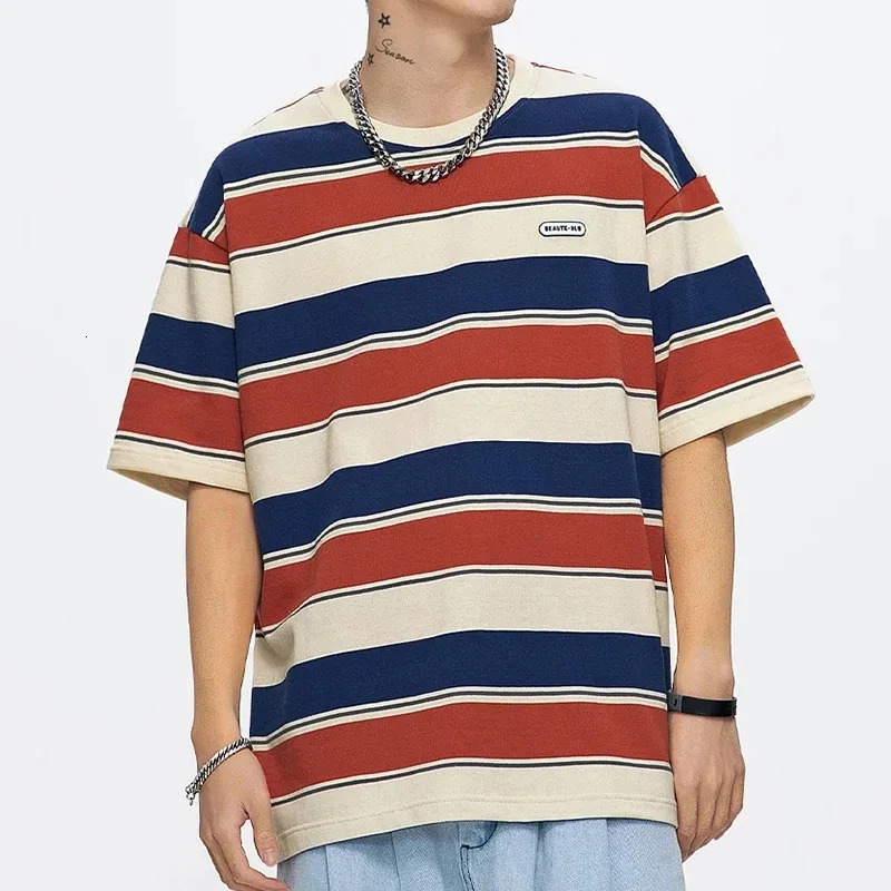 loose contrasting color short sleeved main stripe Tshirt for couples summer retro Harajuku oversized top 250326