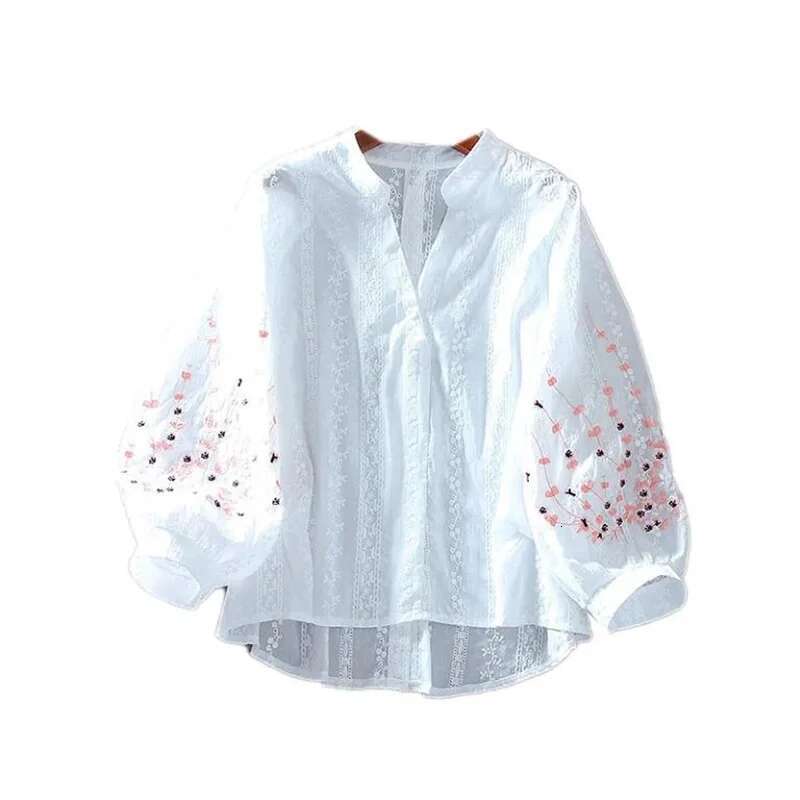 hoodie V-Neck Embroider Blouses For Women Shirt Lace Lantern Sleeves Cotton Bluasa Loosetop Casual Versatile Summer Thin Feminine Blous jacket