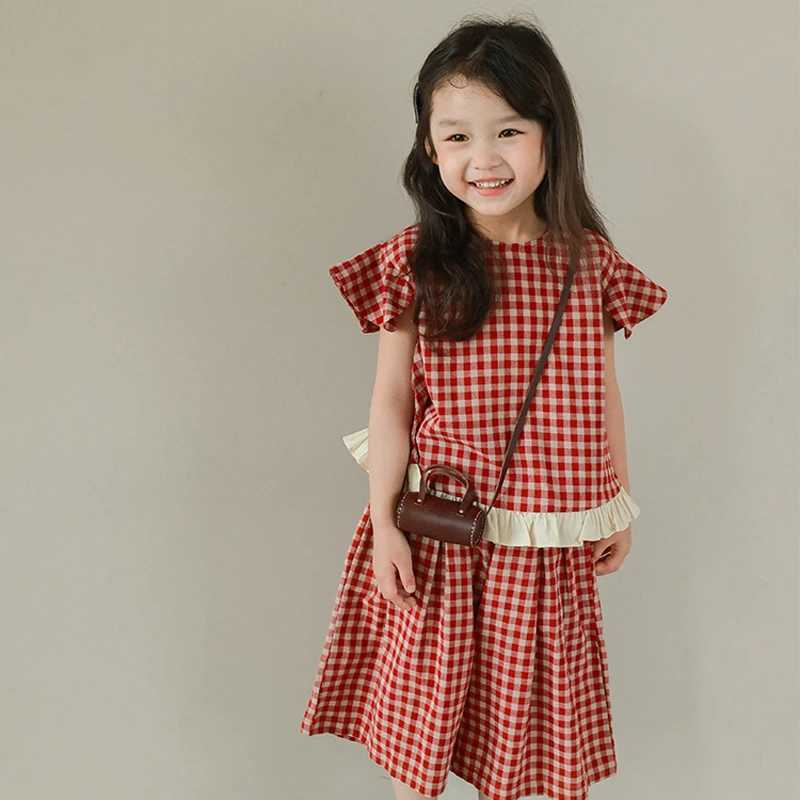 2023 Summer New Girl Plaid Set Personalized Small Sleeve Short Sleeve+Wide Leg Pants Fashion Clothing SetT250327