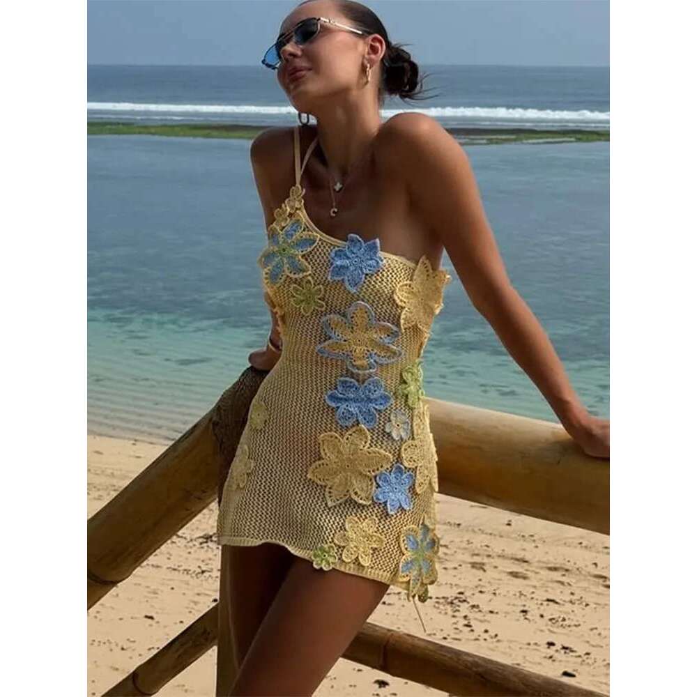 Crochet Knitted Colorful wers Embroidery Mini Dress Women Hollow Out Strap Backless Sleeveless Dresses Street Vacation Party