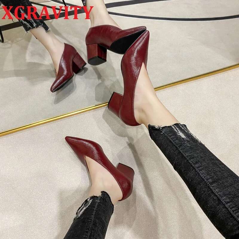 XGRAVITY Brand Dress Elegant Chunky High Heeeled Pumps Sexy Pointed Toe Evening Women V Cut Shoes