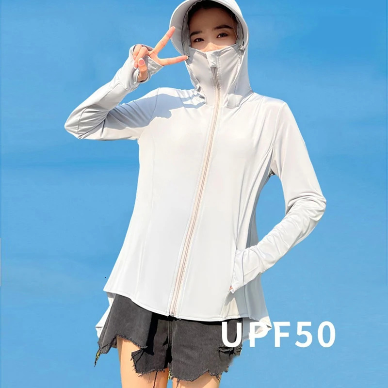 Casual clothing solid jacket UV resistant hooded zipper front and rear long pockets sun shirt sleeves summer womens 250326