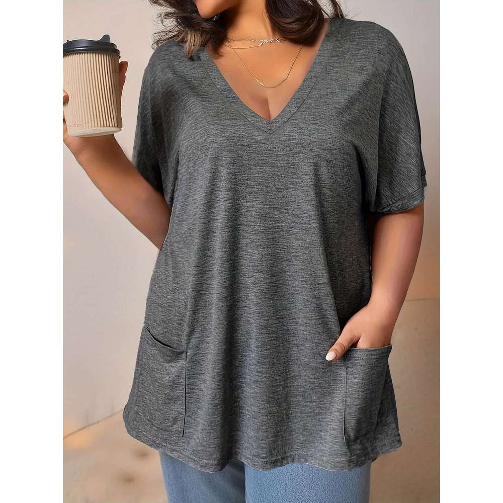 Women's V-neck short sleeved T-shirt, plus size, casual, front pocket, comfortable