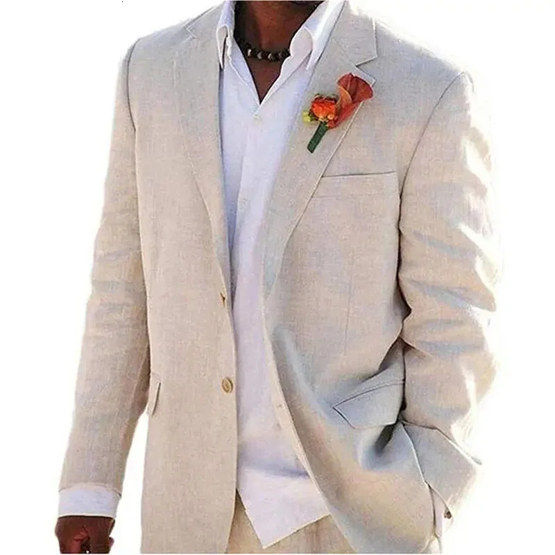Beige linen mens casual 2piece jacket pants single hole lapel beach highquality full set 250326