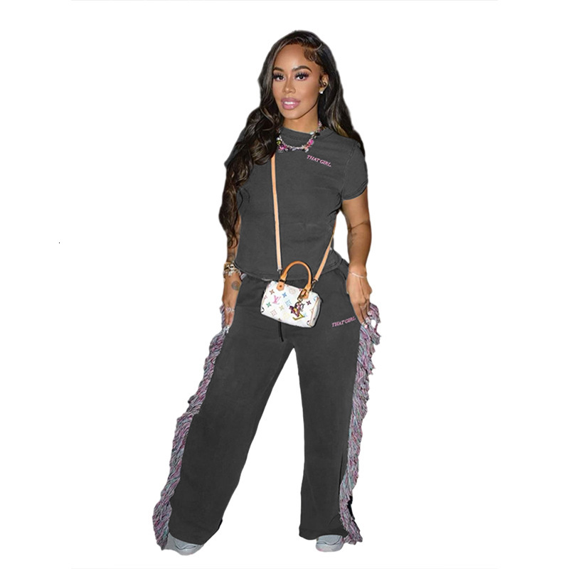 Designer Set New Women's Round Sports Set 2025 Round Neck Embroidered Short Sleeve T-shirt High Waist Colorful Tassel Casual Pants Street Sports 