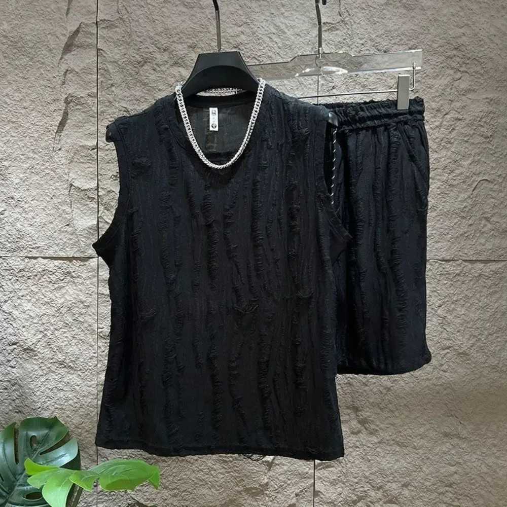 Mens sleeveless T-shirt set O-neck casual hollow vest top+short hole hollow quick mens breathable vest 2-piece set Set4XLXJ250326