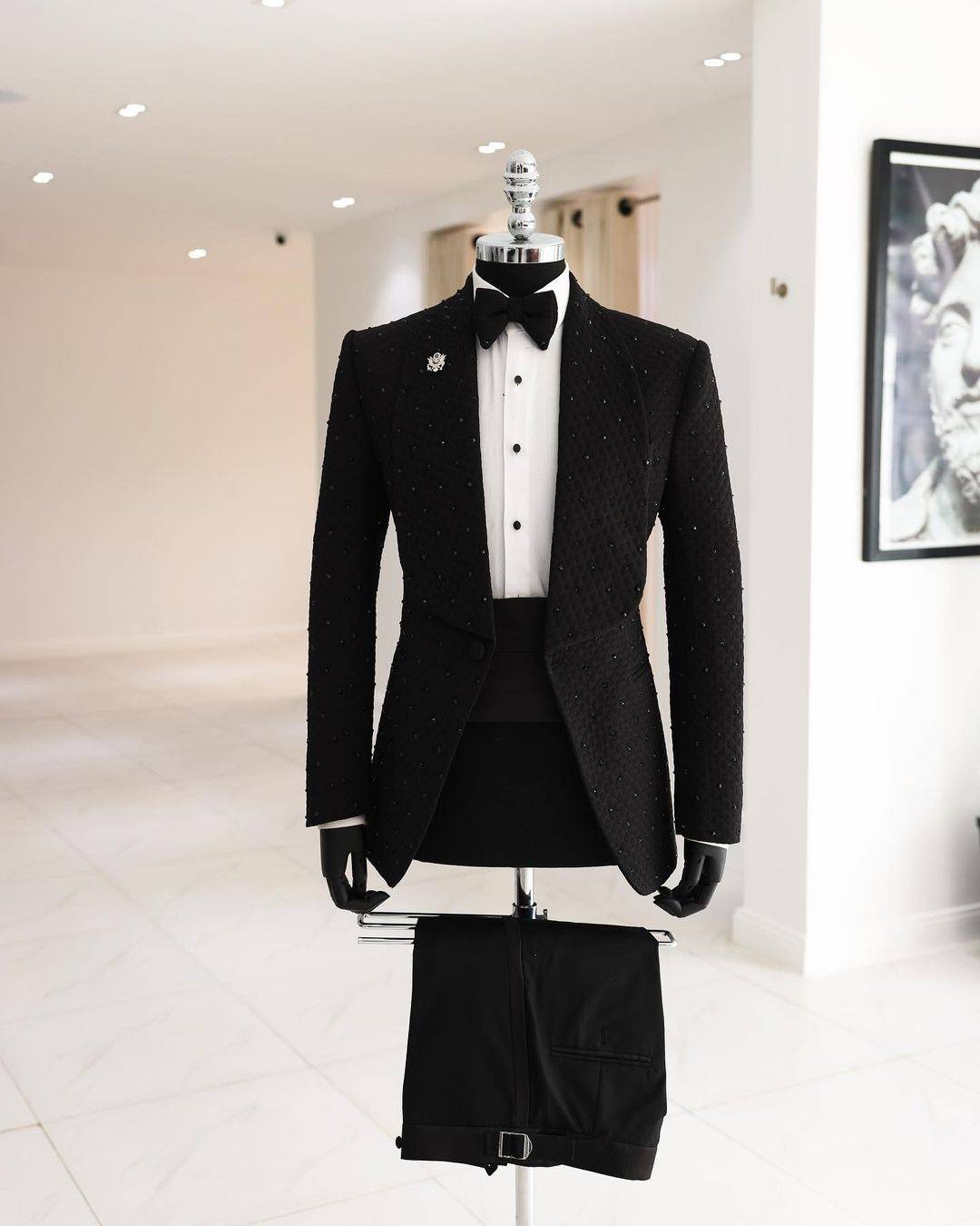 Black Spring Men Suits Set 2 Piece Blazer+Pant Trousers Crystals Beaded Customized Groom Wedding Tuxedo Formal Office Prom Jacket(Coat+Pants)