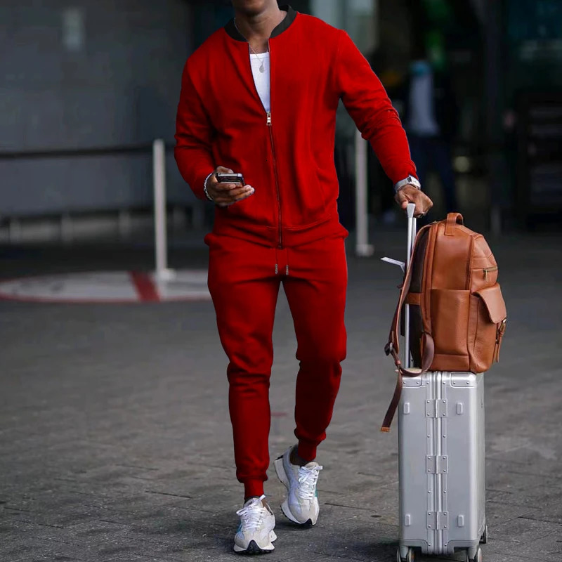 Spring and summer mens casual sports solid color stand up collar zipper jacket pants twopiece set clothing 250326