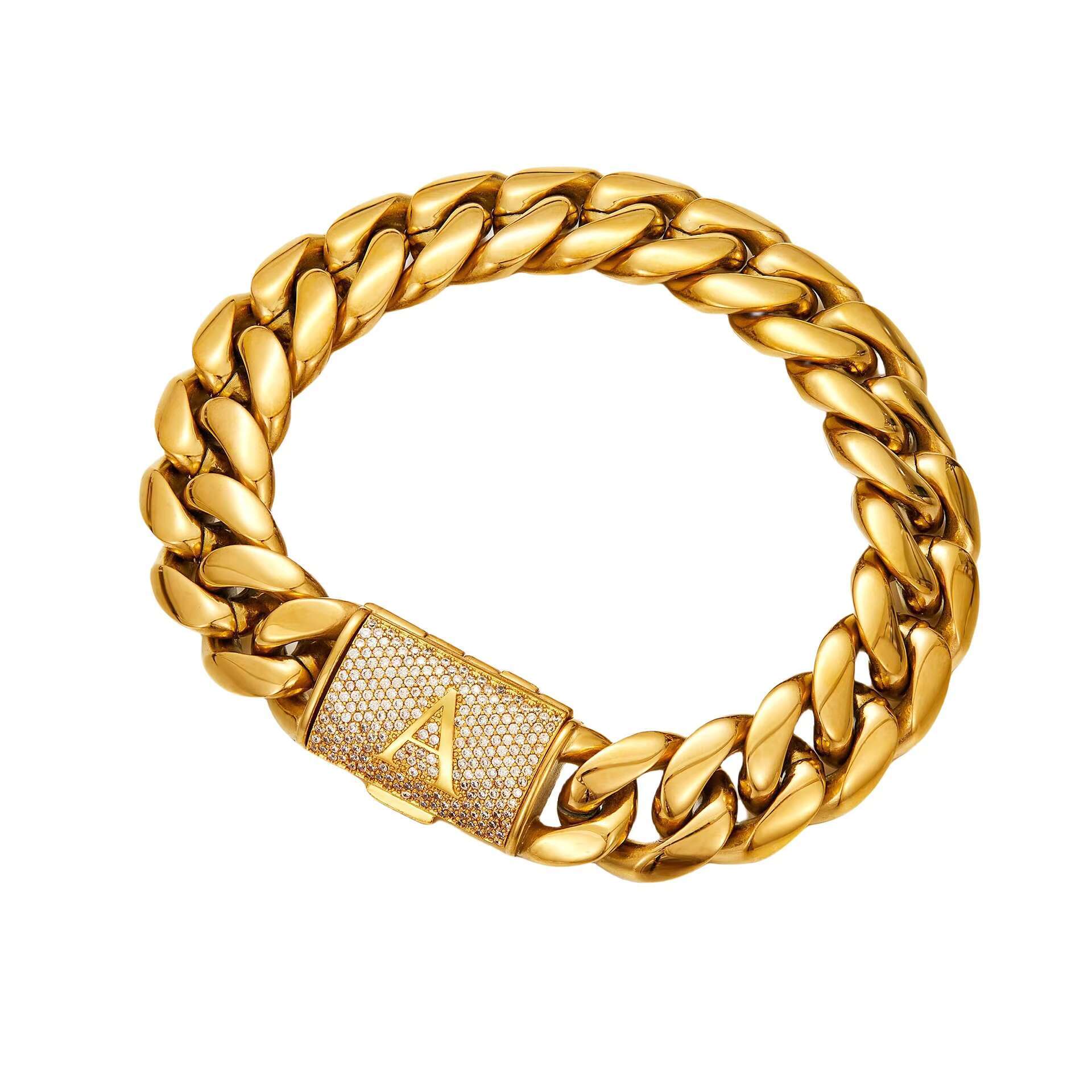 26 Letters Alphabet Iced Out Buckle Stainless Steel Cuban Link Necklace Bracelet for Men | 18K PVD Gold Plated HIP Top Jewelry