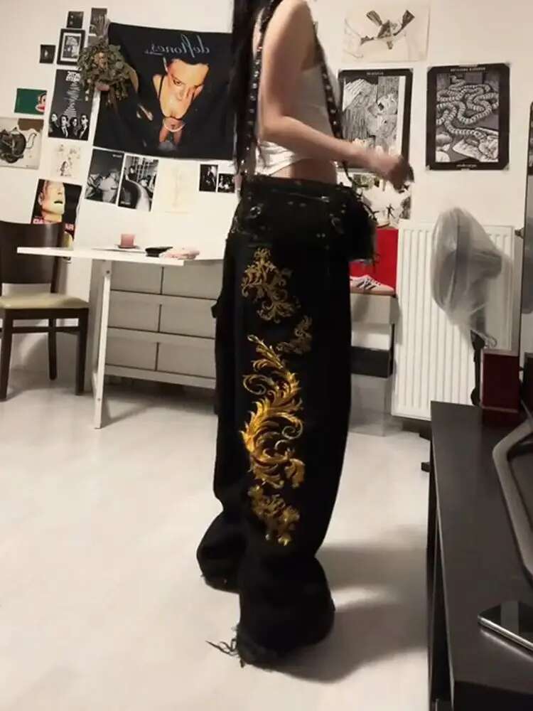 American Retro Dragon Print Straight Millennium Subculture Fashion Hot Girl Haruku Hip Hop Y2k Pants Baggy Jeans