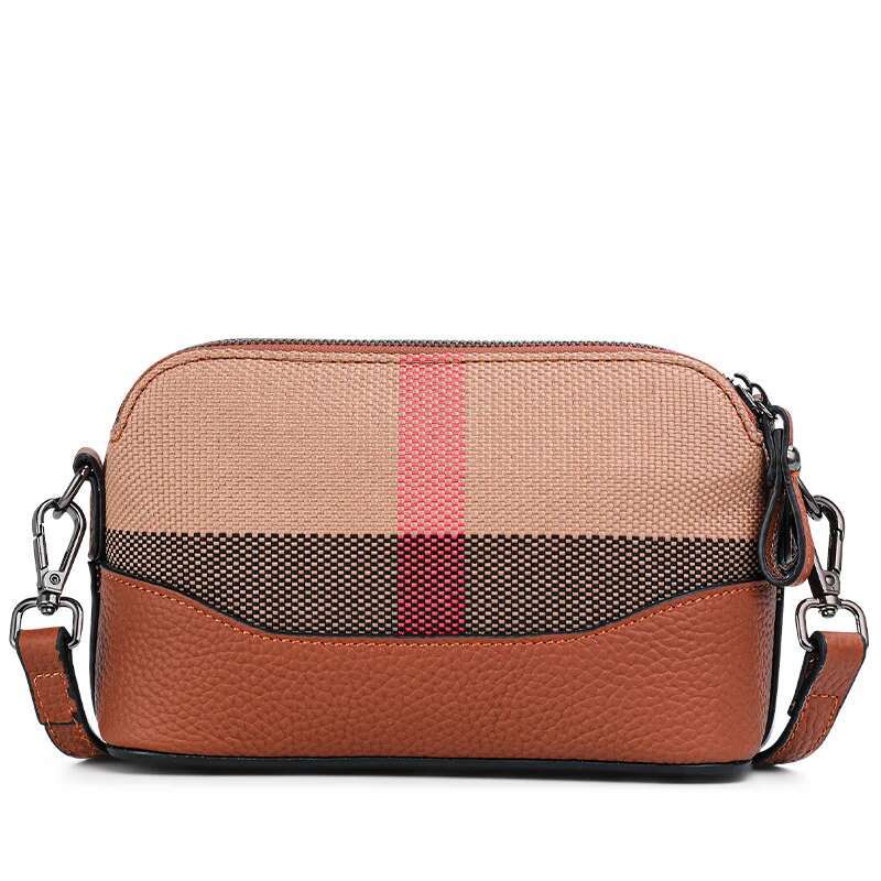 New Single Shoulder Crossbody Women's Fashionable Canvas With Cowhide Plaid Bag