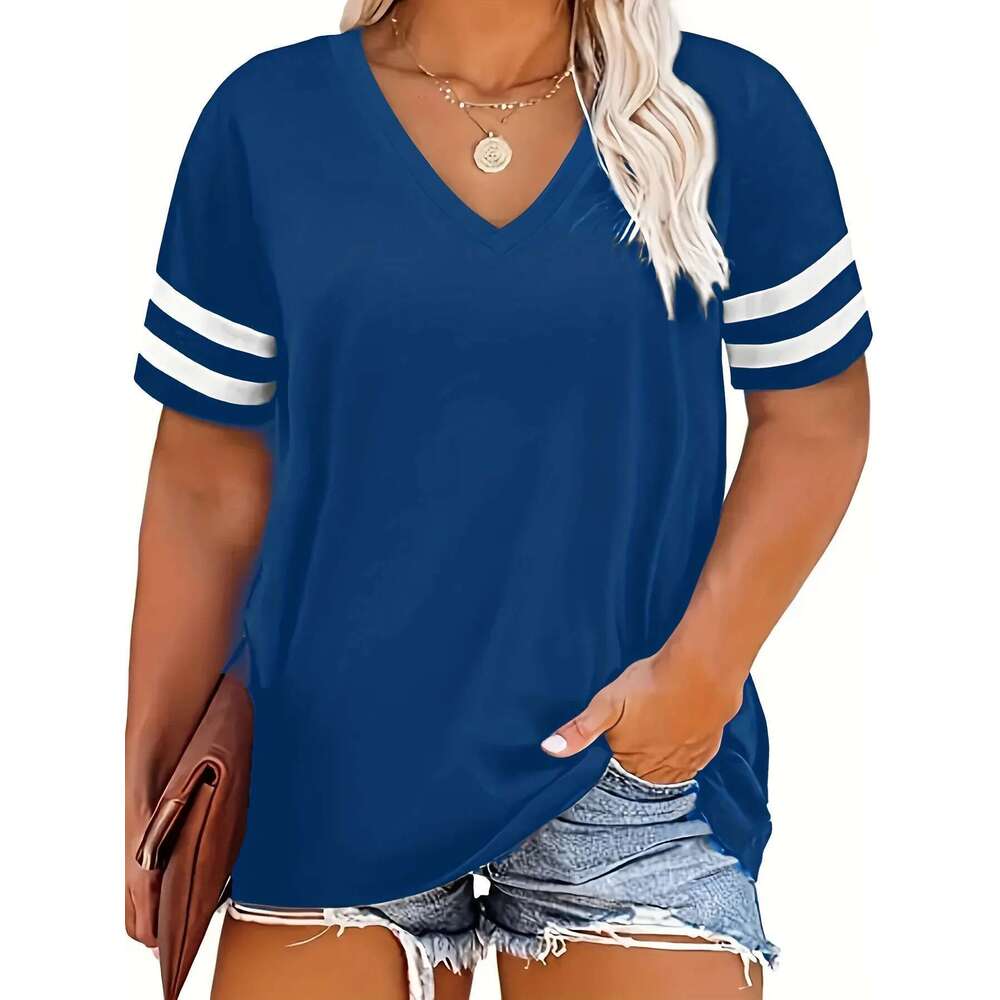 Women's short sleeved V-neck T-shirt, plus size 1XL-4XL, casual, solid color, loose, sporty, outdoor, women's clothing