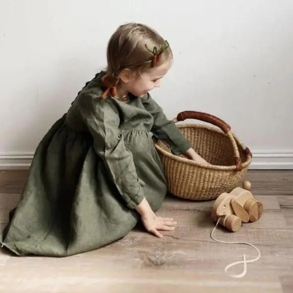 Autumn Girl Children Retro Solid Simple Casual Dress For Party And Wedding Baby Cotton Linen Long Sleeves Princess Dresses 250326
