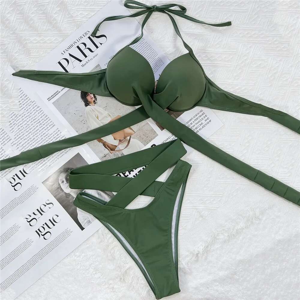 Twisted Bandage Halter Bikini 2025 Mujer High Waist Swimwear Women Swimsuit Bathing Suit Brown Brazilian Bikinis Sets Beach wear