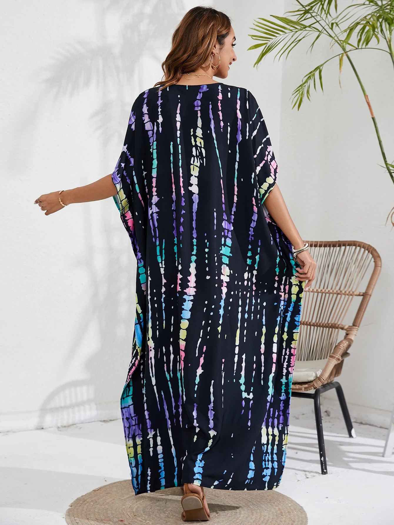 Womens Bohemian overlay plus size tie dye batwing sleeves Vneck Maxkaftan dress 250326