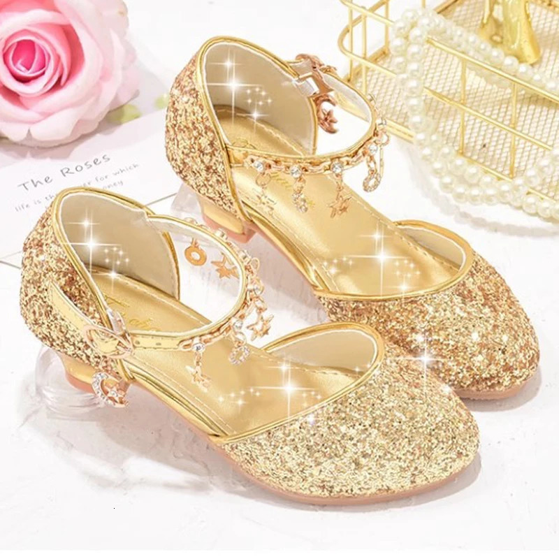 Heeled Dancing Shoes Due To Gold for Girls Glitter Shoes Heels Girls Princess Flowergirl Dresses Golden Girl Child Shoe for Wed 250326