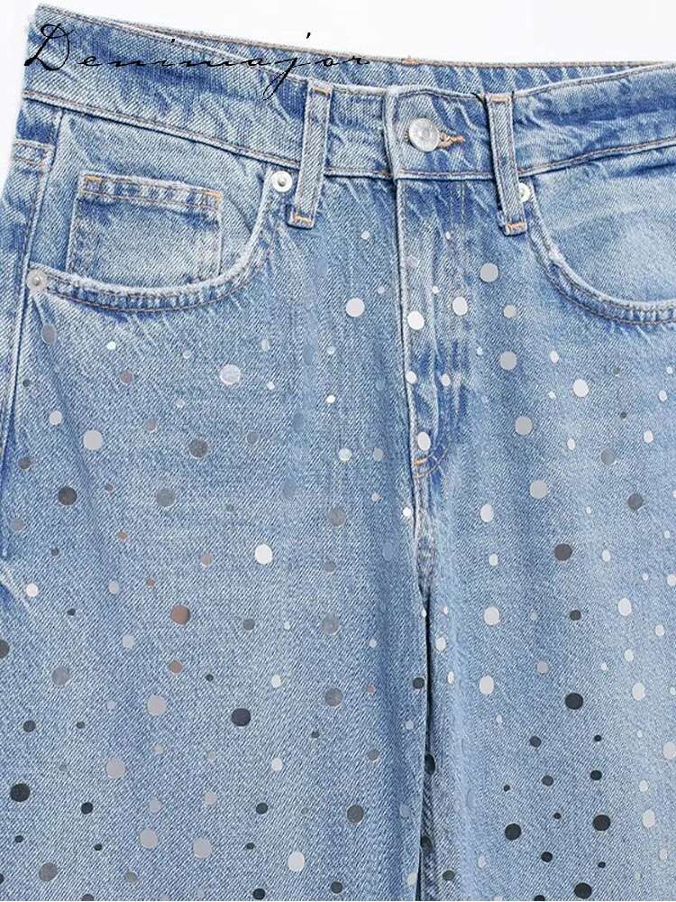 Flash Sequin Long Jeans Women Loose Solid High Waist Zipper Pocket Denim Pants Female Spring Casual Fashion Lady Trousers