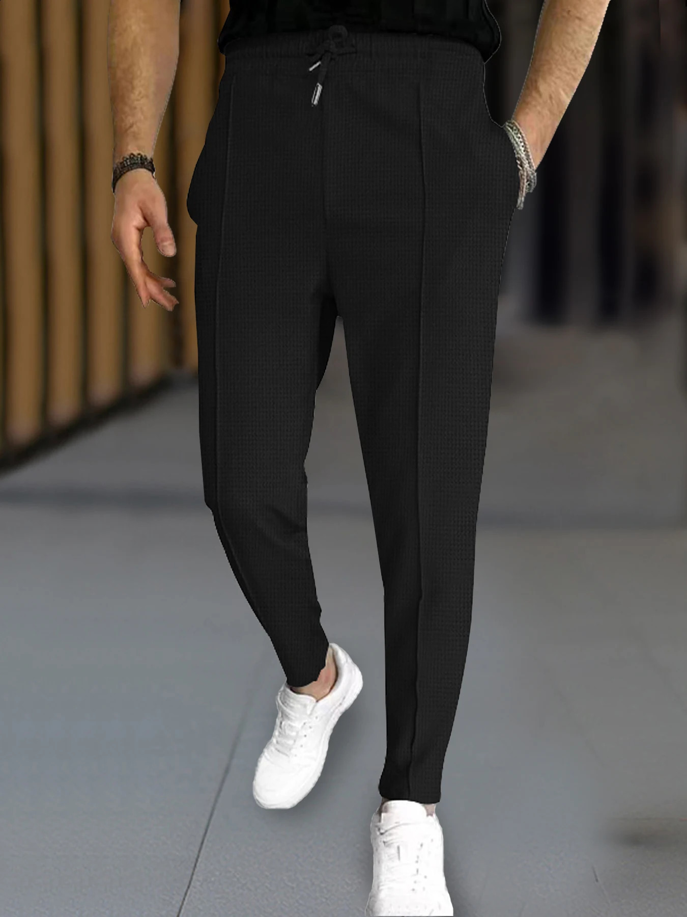 Mens Stylish Waffle Pants - Casual Sports Slim Fit with Adjustable Drawstring Secure Pockets for All Seasons - Perfect Outdoor 250317