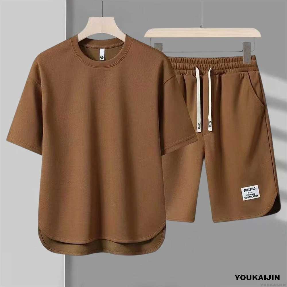 Mens Xinhua Biscuit Summer Set 2025 Korean Casual T-shirt+Shorts Set Mens Solid Color Loose SetXJ250326