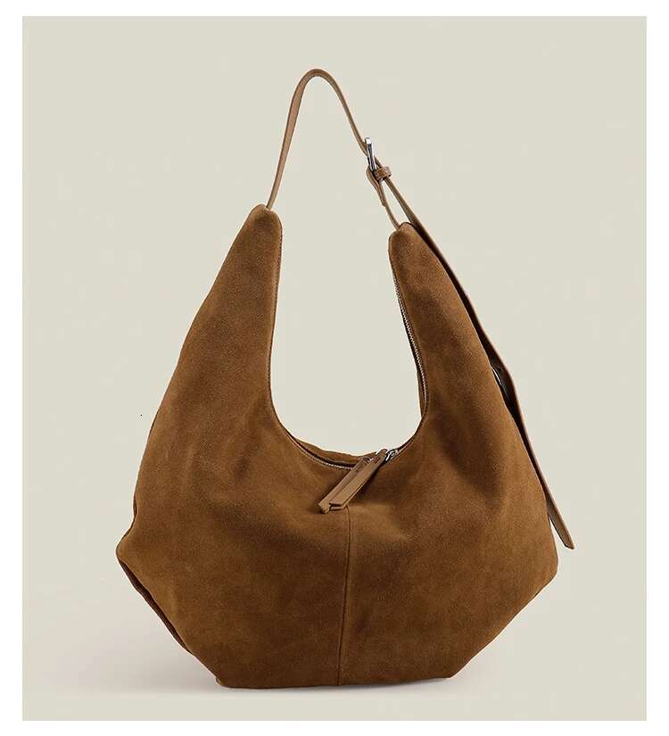 Elegant Large Capacity Casual Winter Travel Tote Matting Coffee Camel Color Nubuck Leather Women Hobo Handbag Commuter Pouch