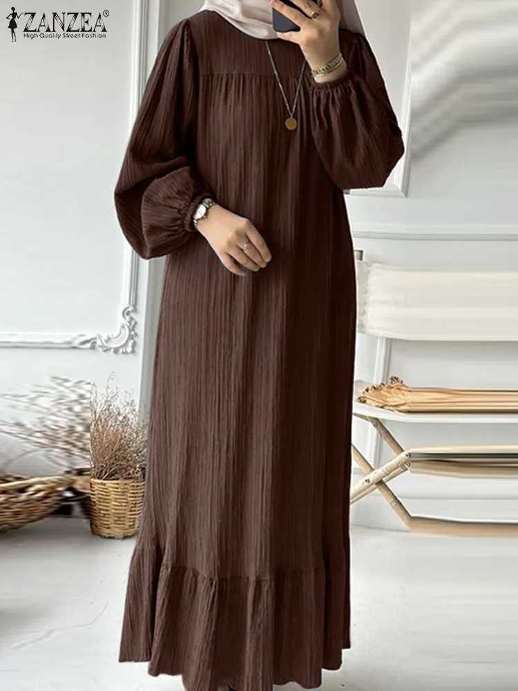 ZANZEA Fashion Ruffles Hem Muslim Sundress Woman Puff Slve O Neck Dress Autumn Elegant Party Abaya Vestidos Islamic Clothing X250514