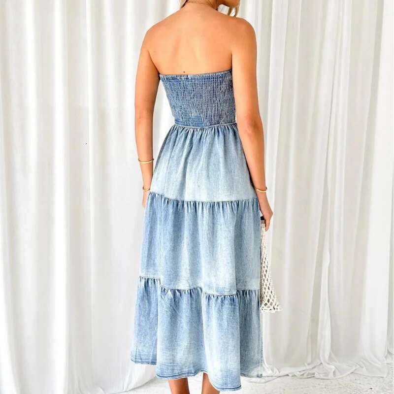 Dongdumaoyi Zomer Dames Elegante Zoom Patchwork Bustier Cake Denim Lange Jurk Met Zijsplit