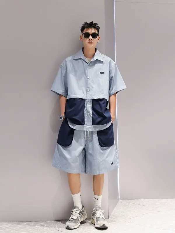 Fake Two piece Color Combination Suit Mens Fashion Loose Large Pocket Design Short Sleeve Shirt and Short Sleeve Two piece SetXJ250326