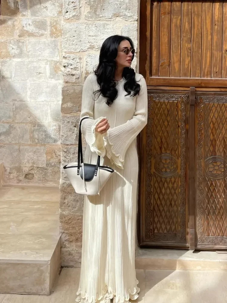 Womens elegant pleated hem knitted white long skirt O-neck sparkling long sleeved strapless dress evening dress 250322
