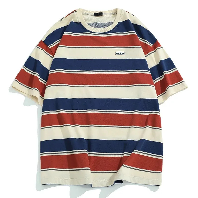 loose contrasting color short sleeved main stripe Tshirt for couples summer retro Harajuku oversized top 250326