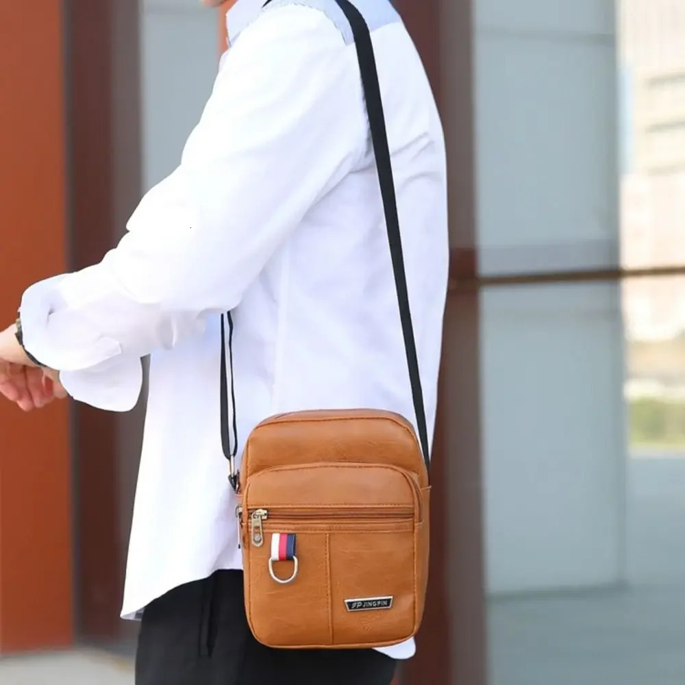 PU leather mens casual large capacity waterproof handbag brown black shoulder messenger bag 250326