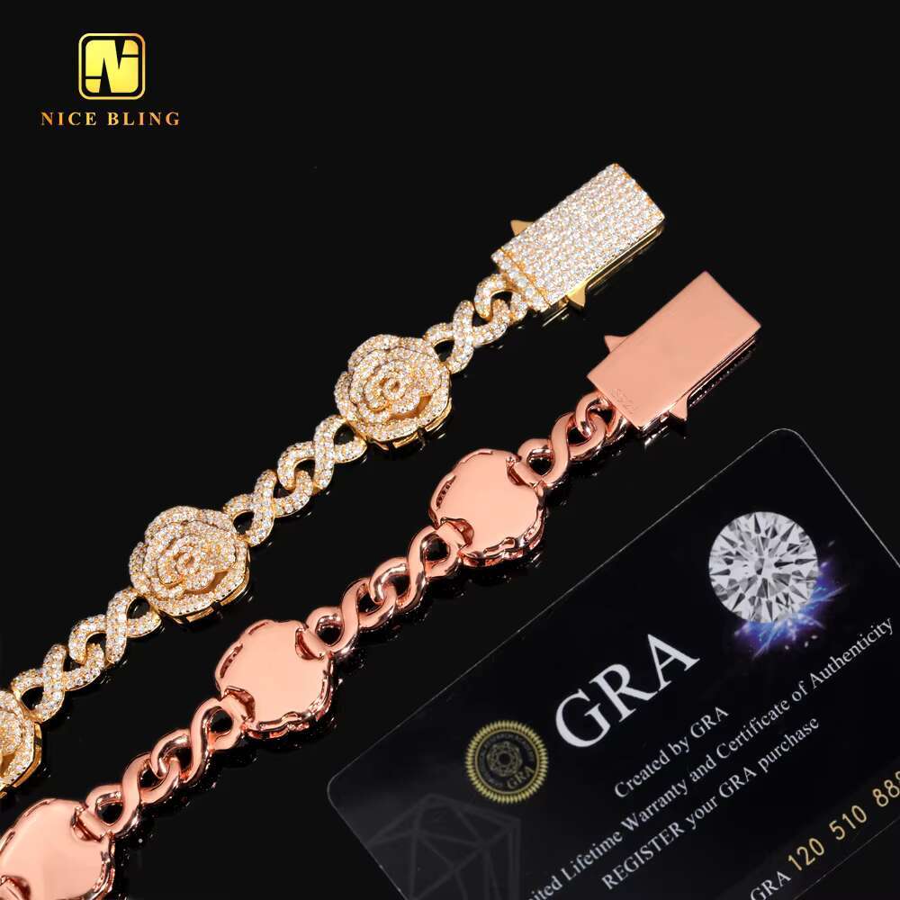 New Design Fine Hip Hop Style Jewelry Custom Iced Out 16.5mm Rose 925 Silver Cuban Link Chain VVS Moissanite Diamond Bracelet