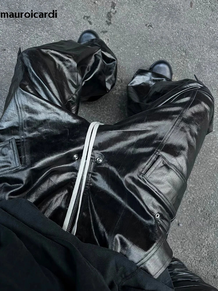 Mauroicardi Spring Autumn Cool Black Shiny Reflective Pu Leather Wide Leg Pants for Men Drawstring Waist Mens er Clothes 250317