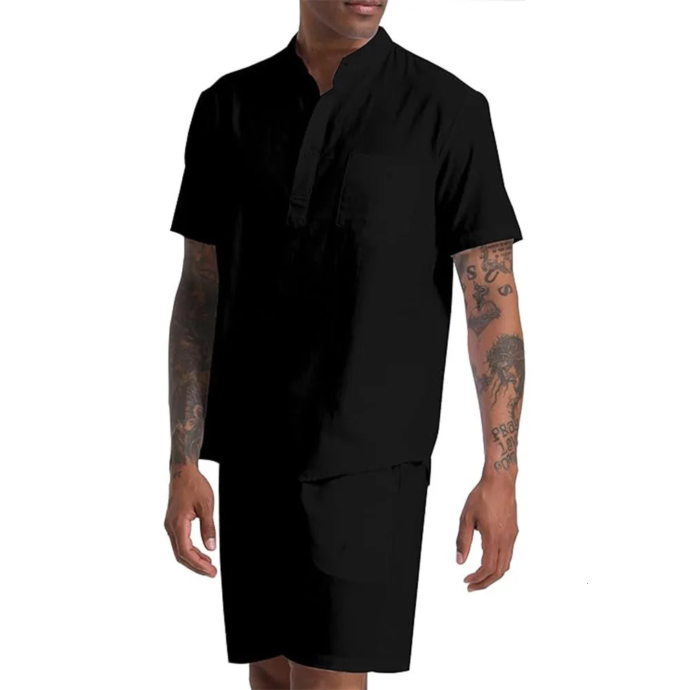 Mens cotton linen set Henry shirt shorts 2piece beachwear vacation summer dress 250326