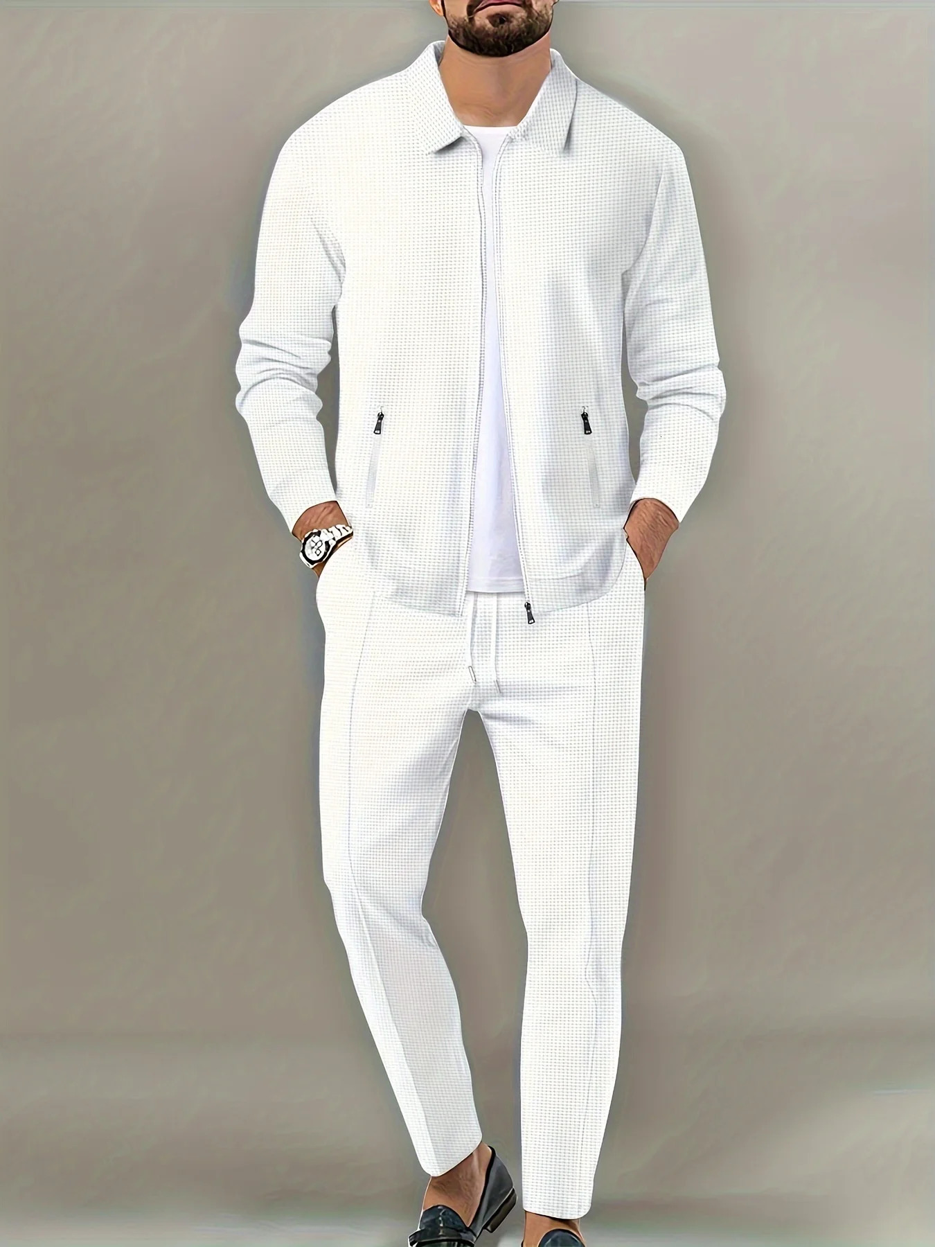 Mens slim fit jacket with zippered pockets long sleeved sweatshirt cardigan set pants elegant twopiece 250326