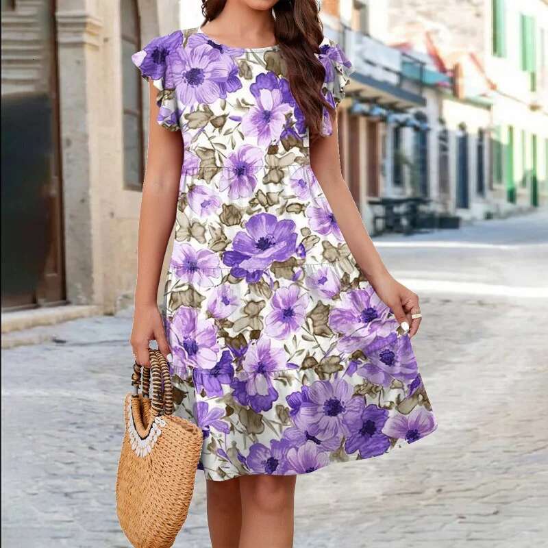Dongdumaoyi Lente Zomer Hete Stijl Bedrukte Gelaagde Casual Jurk Met Fluttermouwen Voor Dames A