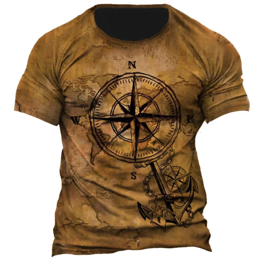 Men s summer short sleeved T shirt high definition printed retro D compass fashionable personality oversized street top round neck comfortable clothin